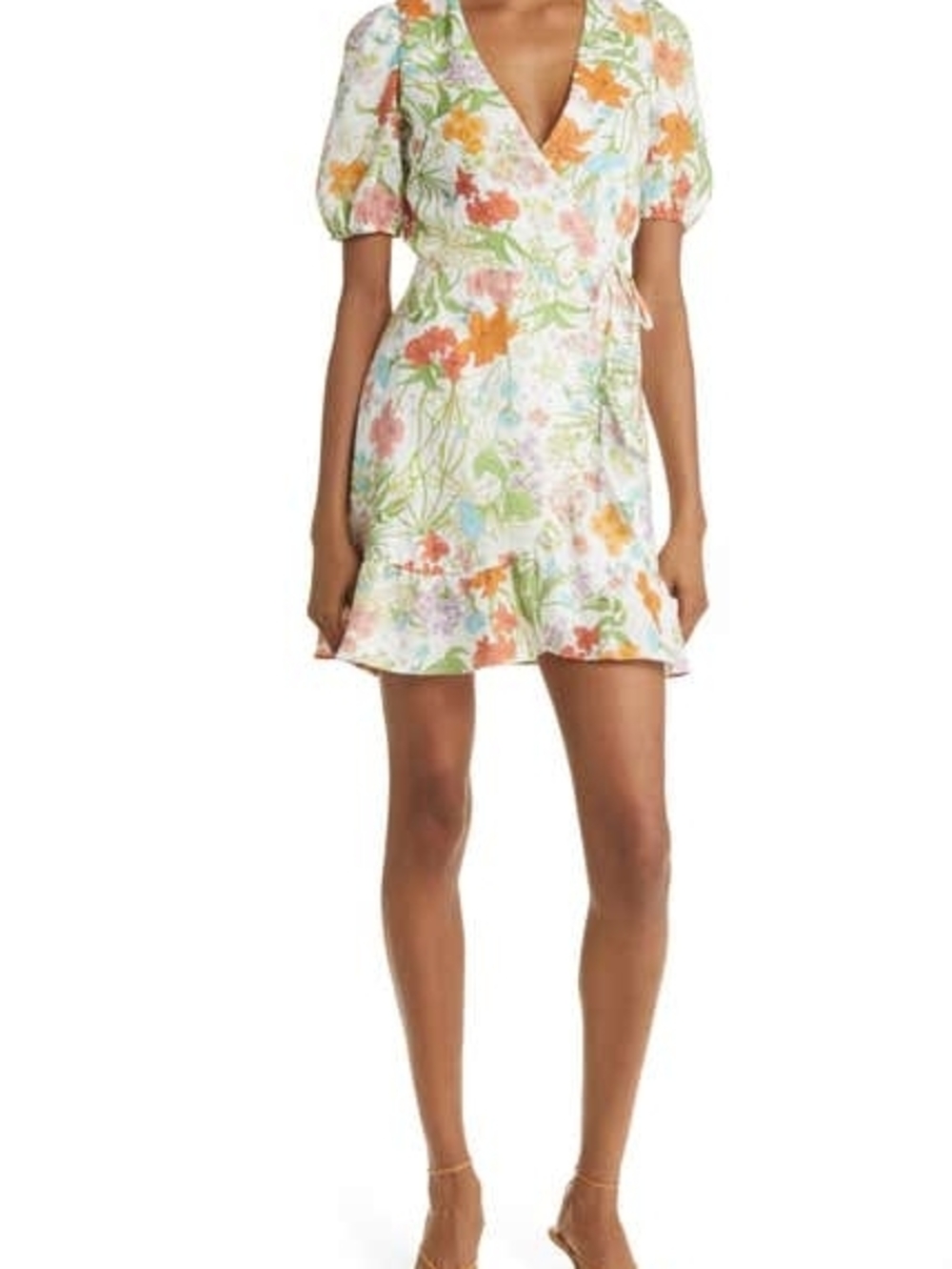 & Other Stories Linen Floral Wrap Mini Dress  White/Orange/Green Print Size 12